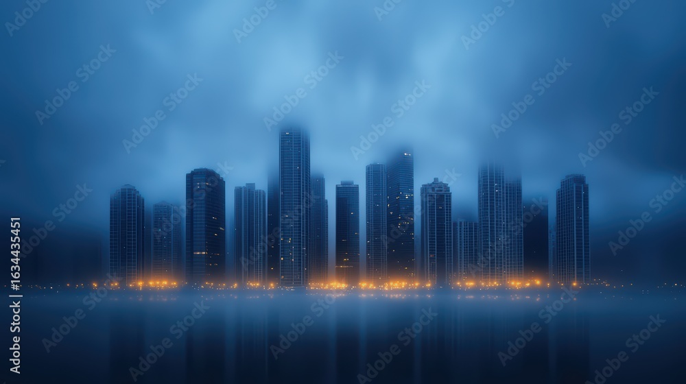 Fototapeta premium Ethereal Cityscape with Fog and Reflections at Dusk