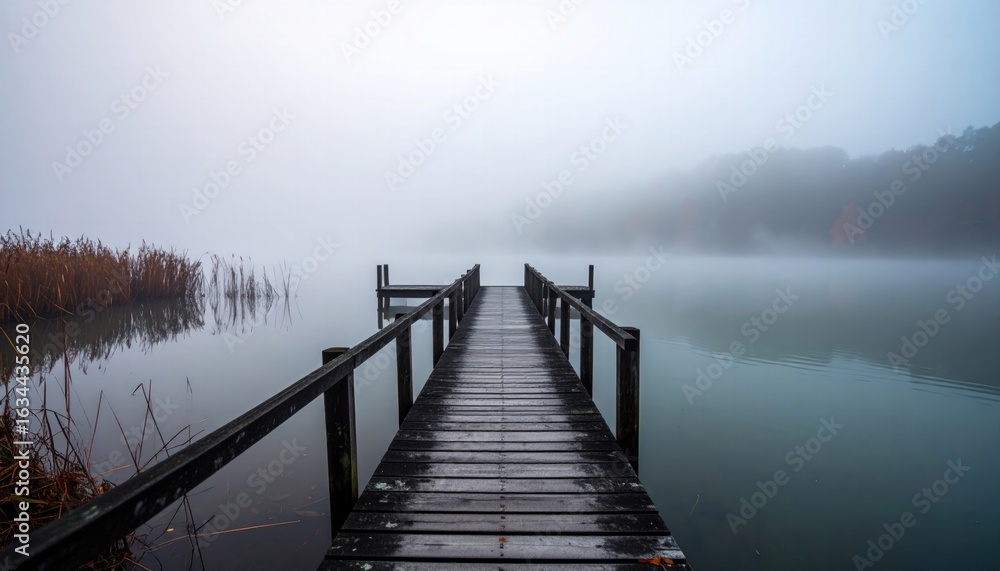 Obraz premium Misty Morning at a Tranquil Lake with a Wooden Dock Leading into the Foggy Horizon Surrounded by Nature and Autumn Colors