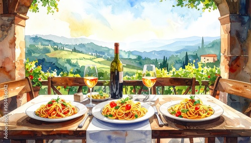 Outdoor Dining Experience with Plates of Pasta and Wine Overlooking a Scenic Tuscan Landscape at Sunset