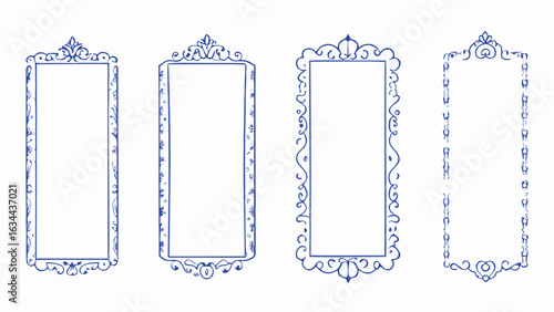 Four ornate blue frames with decorative designs and blank centers for customized content display use