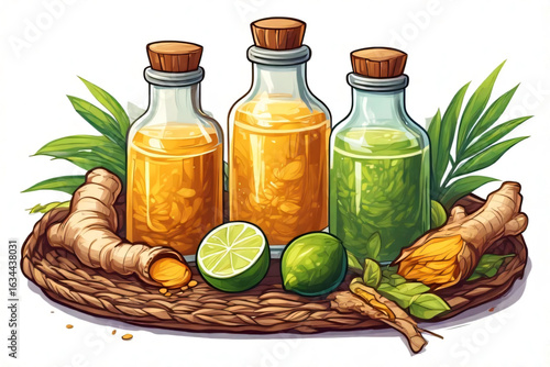 Three Bottles of Traditional Indonesian Herbal Jamu with Fresh Ingredients - Vector Illustration