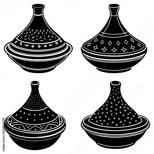 Four black and white tagines with different patterns and designs sitting on a white background image view