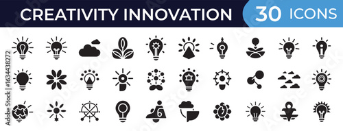 Creative innovation icon set in mixed styles. Idea, thinking, and solution symbols. Icons for creative project, brainstorming, and innovation tools. Vector illustration.