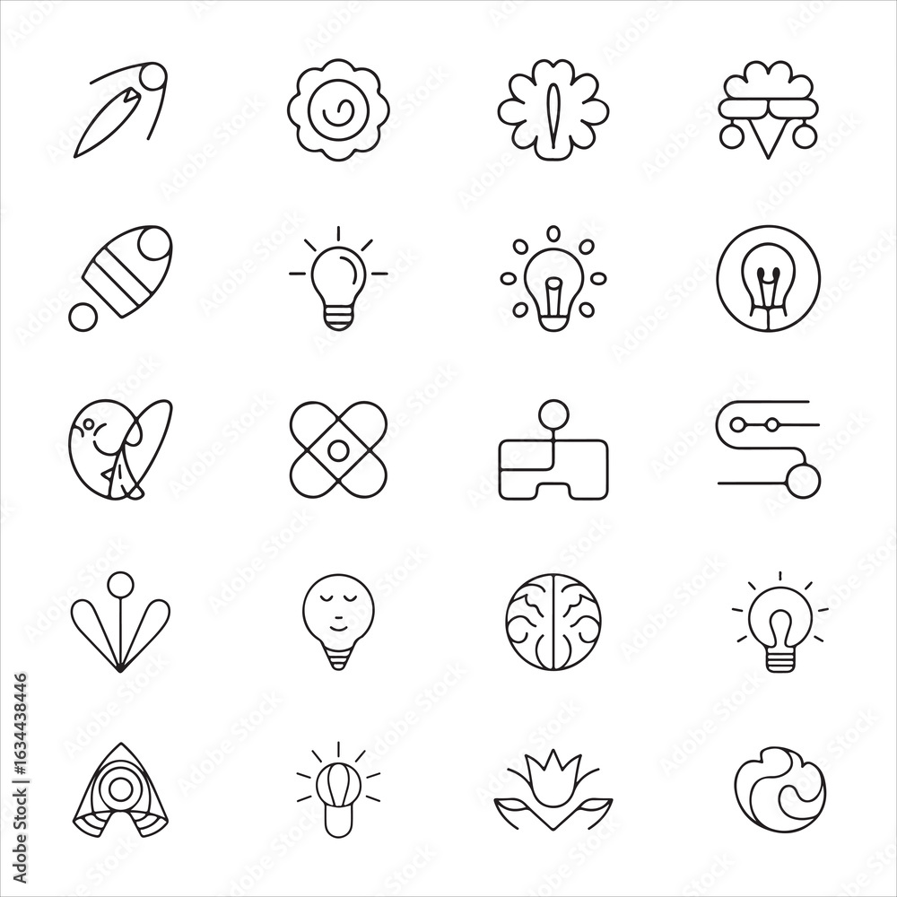 Fototapeta premium Line style creativity and idea icons. Thin outline concept set for design thinking, problem-solving, and innovation strategy. Vector for UI/UX and apps.