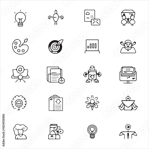 Thin line icons for idea, creativity, and analysis. Innovation, report, solution, and business concept symbols for web and mobile interfaces.