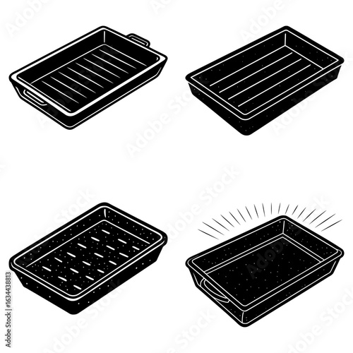 Isometric illustration showing four different black and white baking pans with varying designs and textures