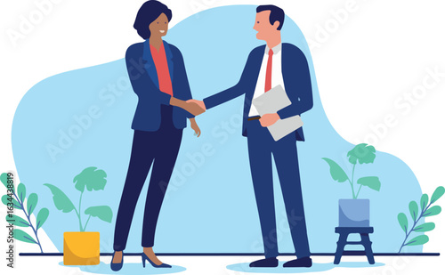 Diverse business handshake - Professional corporate man and woman characters shaking hands at work in office smiling over deal and agreement. Flat design vector illustration on white background