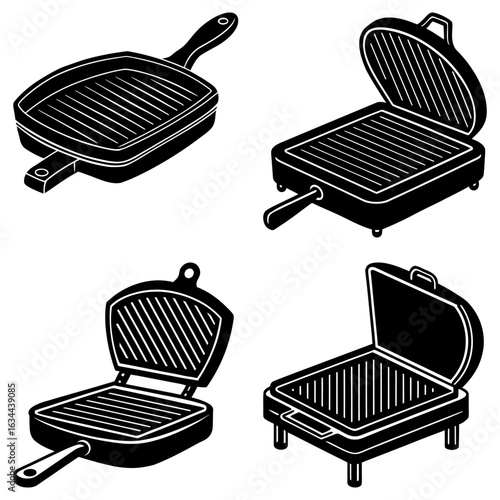 Illustration showing various styles of grill pans and sandwich makers in black and white outline