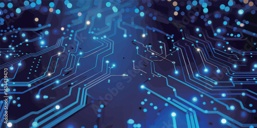 A blue background with many small lights on it. The lights are arranged in a way that they look like they are connected to each other. The image gives off a feeling of technology and complexity
