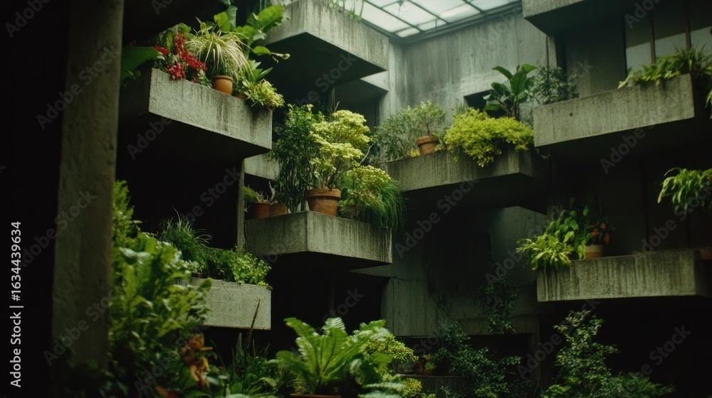 Fototapeta premium Concrete balconies with potted plants create a geometric architectural design in the urban