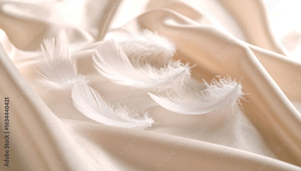 Fototapeta premium Floating White Feathers on Creamy Fabric Background