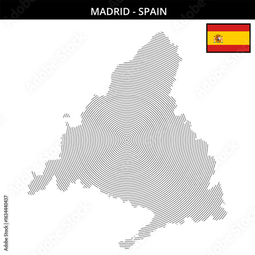 Geographical map of Madrid with Spain national flag