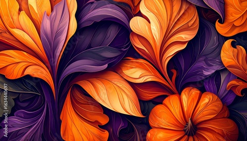 Realistic HD abstract background for October, rich oranges, deep purples, and dark greens, swirling shapes with texture like carved pumpkins and leaves, spooky but elegant, strong visual contrast, spa