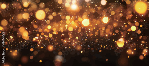 A gold background with a lot of glitter. The glitter is scattered all over the background, giving it a shiny and glamorous appearance. Concept of luxury and opulence