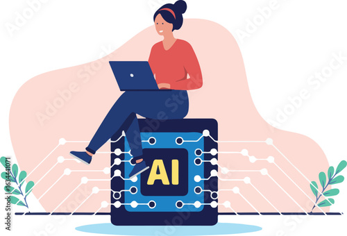 Using AI at work - Woman working and writing on laptop computer with the help of artificial intelligence assistant chip at work in office. Flat design stock illustration with white background 