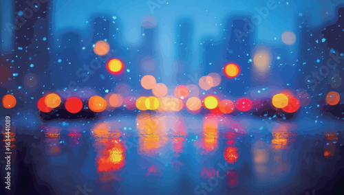 A blurry cityscape with lights reflecting in the water. Scene is dreamy and serene