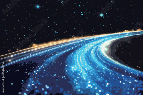 A bright blue line of light with a lot of sparkles. The sparkles are blue and yellow, creating a sense of movement and energy. The line of light seems to be moving through space
