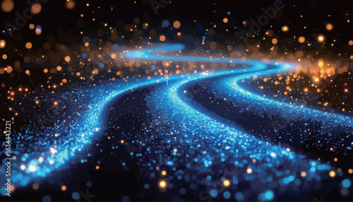 A bright blue line of light with a lot of sparkles. The sparkles are blue and yellow, creating a sense of movement and energy. The line of light seems to be moving through space