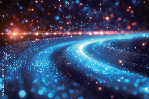A bright blue line of light with a lot of sparkles. The sparkles are blue and yellow, creating a sense of movement and energy. The line of light seems to be moving through space