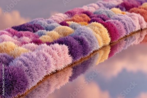 Colorful fluffy bushes in a row reflected on a surface, against a soft sky