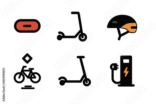 Various modes of urban transportation including e-scooters, bicycles, and charging stations in a modern city setting