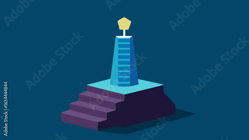 Floating ladder to glowing light on stone base