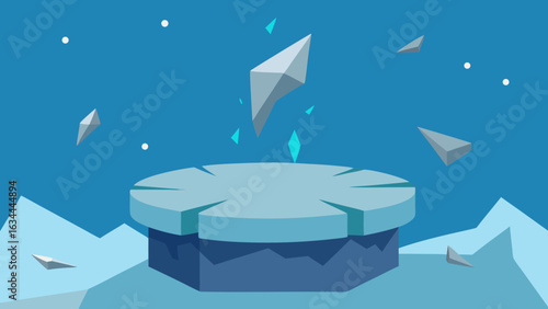 Shattered stone podium in frozen time scene