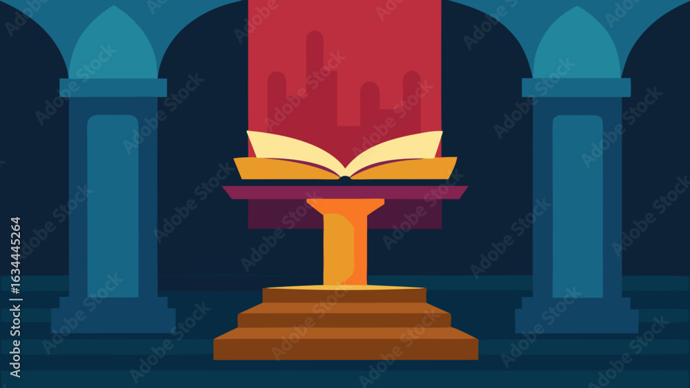 Fototapeta premium Open Book on Podium Glowing in Ancient Scribes Hall