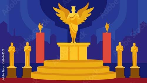 monumental golden podium angelic statue view