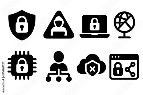 Cybersecurity icons representing data protection, network security, and online safety measures
