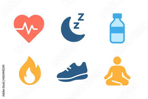 Health and wellness icons representing fitness, rest, hydration, and relaxation activities for balanced living