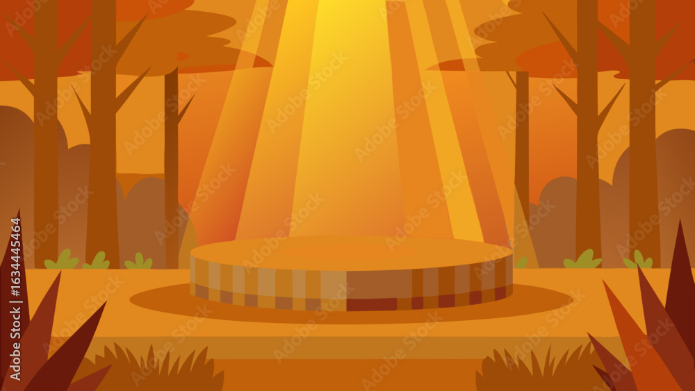 Naklejka premium round wooden podium with sunbeam rays in autumn