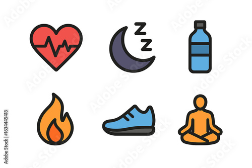 Health and wellness symbols representing fitness, hydration, sleep, and relaxation for a balanced lifestyle