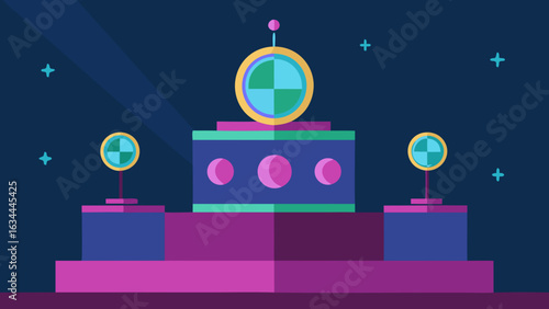 retro disco podium with spinning mirror balls