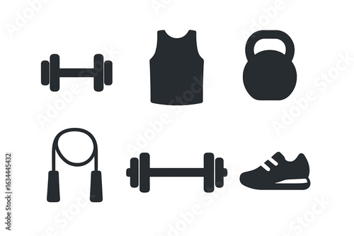 Collection of fitness equipment and apparel for a workout session at a gym or home exercise space