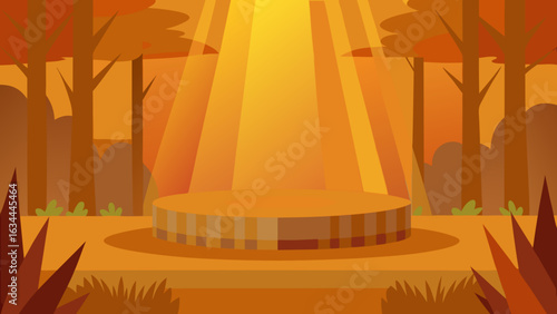 round wooden podium with sunbeam rays in autumn