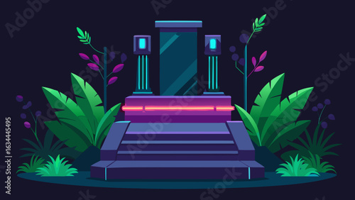 sci fi jungle podium with robotic plants and neon