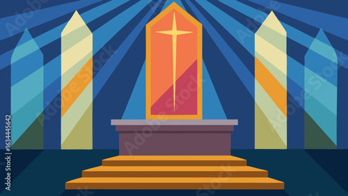 stage podium inside cathedral with sunrays through