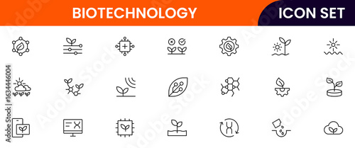 Biotechnology vector line icons featuring DNA strands, microscopes, test tubes, genetic engineering, lab equipment, research, cells, molecules, and scientific innovation.