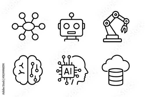 Various symbols representing artificial intelligence, automation, and technology innovations in a digital design format