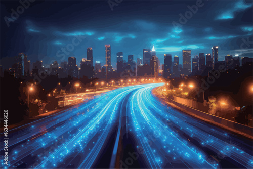 The image is a blurred view of a city street with a car in the middle. The street is filled with bright lights and the car is moving quickly, creating a sense of motion and energy