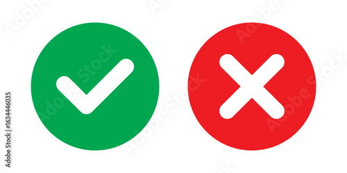 Check mark and cross mark icon buttons. Colourful check box icons. Right and wrong buttons. Yes or no checkmark icon. Green tick box and red cross box on white background. EPS 10. 