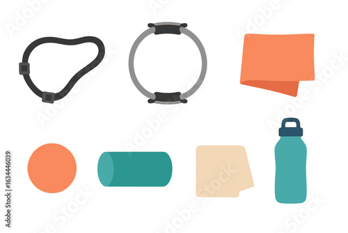 Exercise equipment and accessories for fitness routines displayed on a white background