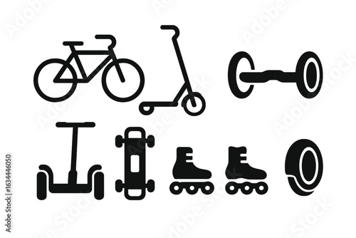 Various modes of transportation symbols including bicycles, scooters, skateboards, and roller skates for active lifestyles