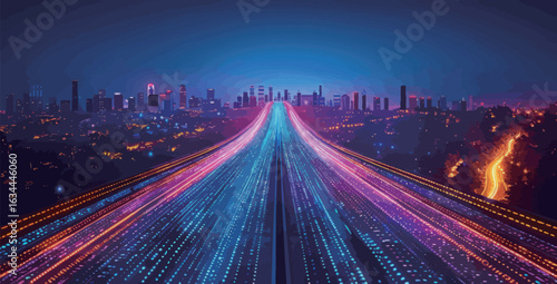 The image is a blurred view of a city street with a car in the middle. The street is filled with bright lights and the car is moving quickly, creating a sense of motion and energy