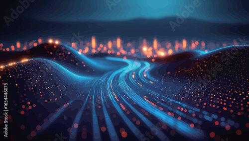 The image is a blurred view of a city street with a car in the middle. The street is filled with bright lights and the car is moving quickly, creating a sense of motion and energy
