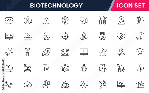 Biotechnology vector line icons featuring DNA strands, microscopes, test tubes, genetic engineering, lab equipment, research, cells, molecules, and scientific innovation.