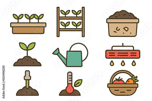 Gardening tools and symbols depicting planting and nurturing plants in a home garden environment
