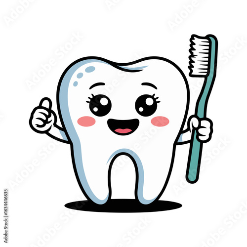 cute cartoon tooth holding toothbrush with thumbs up, dental hygiene mascot illustration for kids health education and campaigns