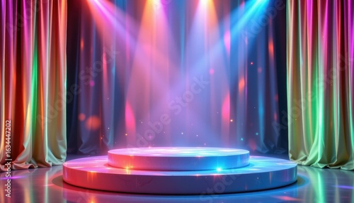 Vibrant iridescent stage podium event space creative display colorful lighting dynamic atmosphere